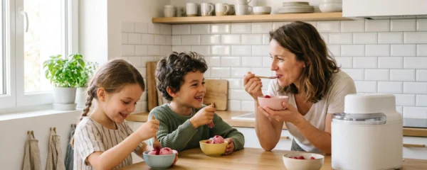 Famille avec deux enfants dégustant des glaces maison dans une cuisine moderne, sorbetière électrique blanche visible sur le plan de travail en bois clair avec fruits frais