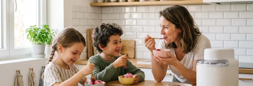 Famille avec deux enfants dégustant des glaces maison dans une cuisine moderne, sorbetière électrique blanche visible sur le plan de travail en bois clair avec fruits frais
