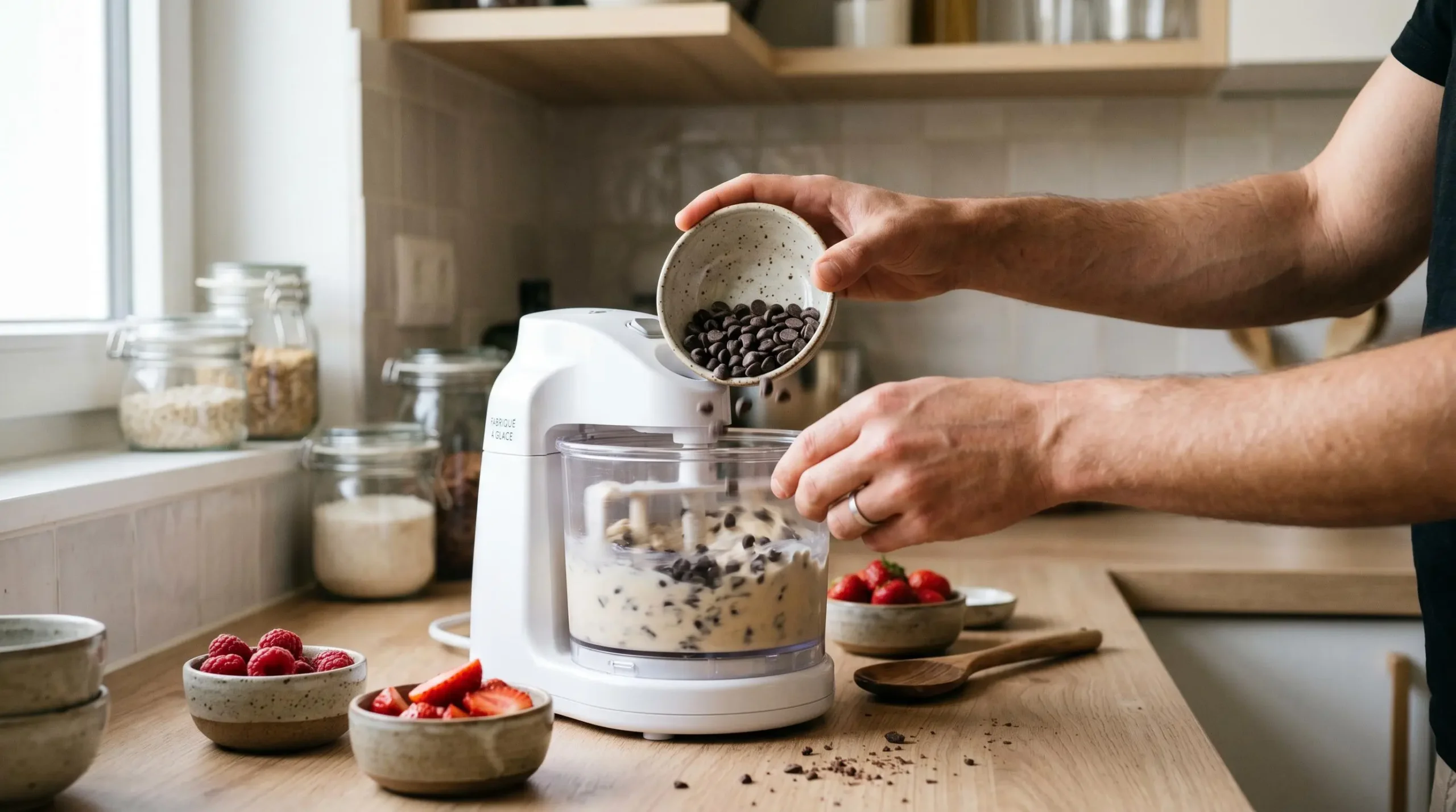 Mains versant pépites de chocolat dans le bol transparent d'une sorbetière électrique blanche en fonctionnement, entourée de fruits frais sur plan de travail moderne