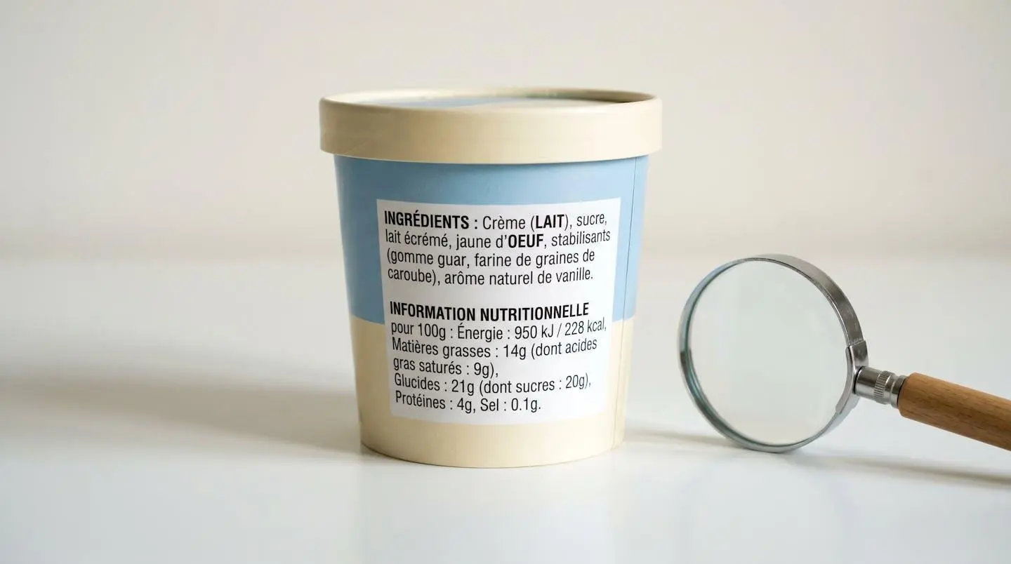 Pot de glace industrielle avec étiquette nutritionnelle en français détaillant liste d'ingrédients et additifs, loupe posée à proximité sur surface blanche