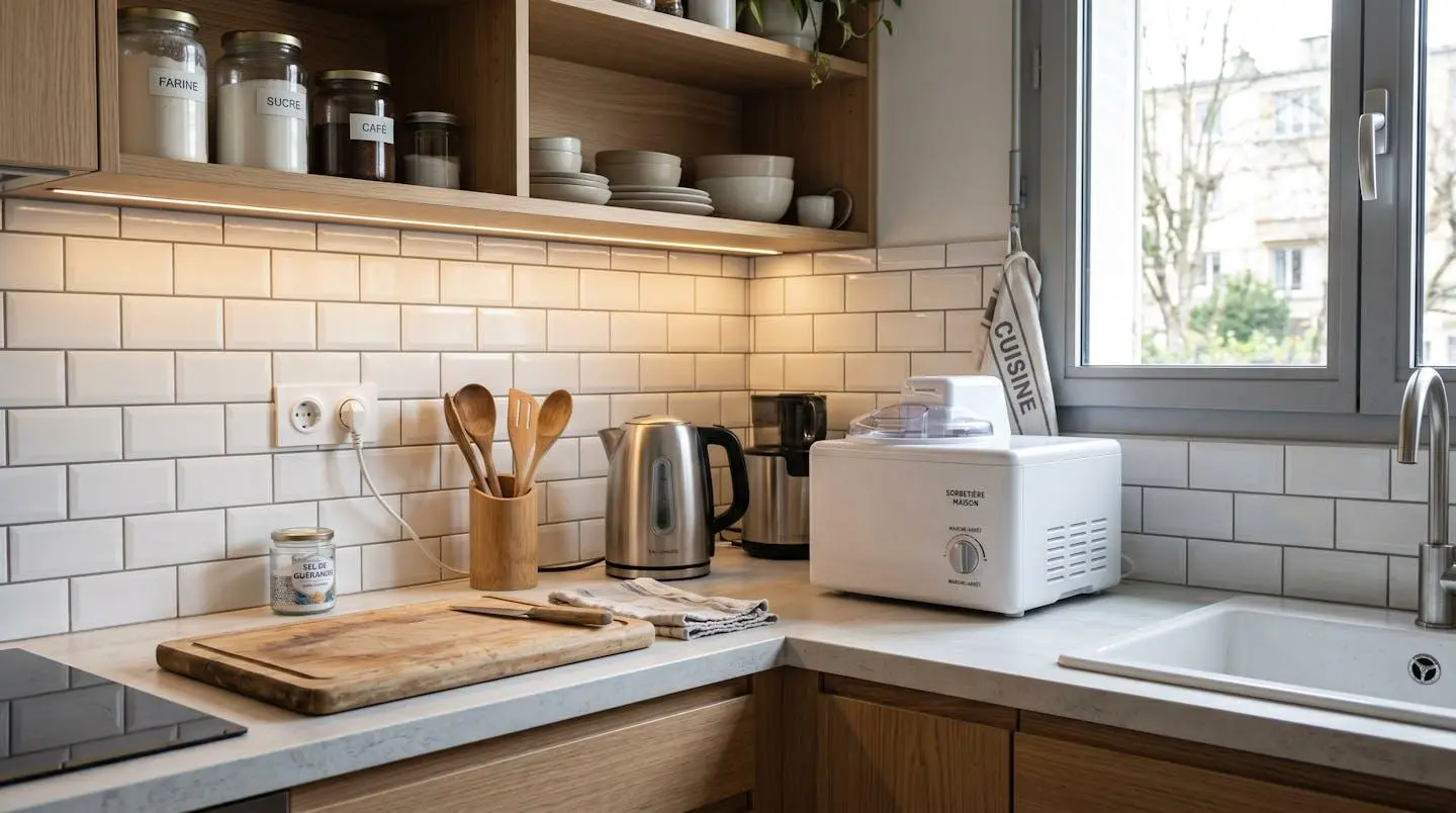 Sorbetière électrique blanche compacte installée sur plan de travail de cuisine moderne française avec crédence carrelage métro, entourée d'ustensiles quotidiens